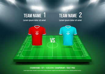 Team 1 vs team 2 on green field background. Vector template for your design.