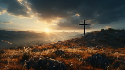 Wall Mural - the cross of the gods in the sunlight cross on the hill religious concept