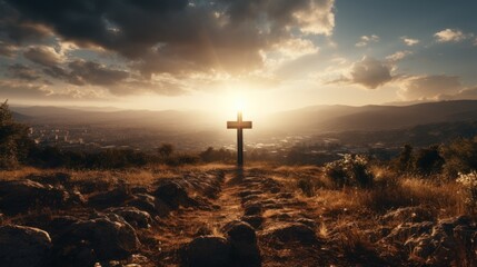 Wall Mural - the cross of the gods in the sunlight cross on the hill religious concept