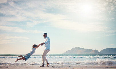 Wall Mural - Happy, spinning and father with son at beach for bonding, support and summer break. Travel, playing and vacation with black man and child swinging together for holiday trip, weekend and happiness