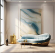 Minimalist home interior design of modern living room. Luxury blue curved sofa against wall with marbling poster.