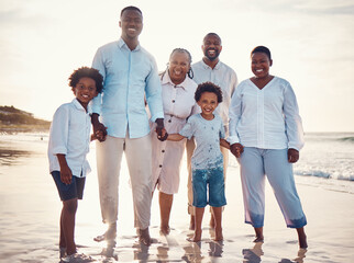 Wall Mural - Happy, relax and portrait of black family at beach for travel, summer break and bonding on vacation. Smile, holiday trip and generations with parents and children for quality time, sunshine and fun
