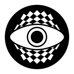 Wall Mural - Eye symbol and warped checkerboard pattern in a circle. Symbol of an eye in a checkered pattern. Modeled on a crop circle pattern, found near West Meon, in Hampshire. Isolated illustration. Vector.