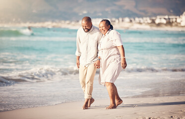 Poster - Love, hand holding and senior with black couple at beach and laugh on retirement, vacation and summer break. Travel, smile and and bonding with man and woman walking for happy, funny and relax