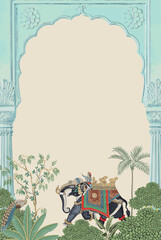 Traditional Mughal Garden with arch, elephant, peacock pattern illustration for invitation