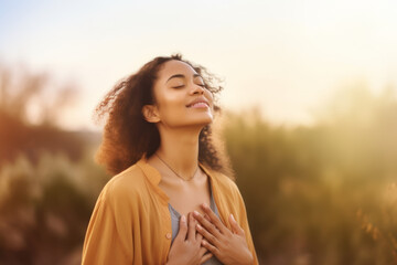 Mixed race woman relax and breathing fresh air outdoor at sunset. Generative AI