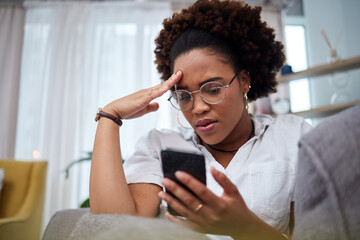 woman, stress and reading phone in home for notification of bad news, problem and crisis of mistake 