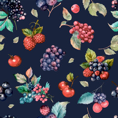 Wall Mural - Wild berries pattern. Very berry, blackberry, raspberry, blueberry, color background. Seamless pattern for printing on print, textile