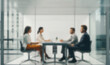 © annebel146 - Diverse millennial business team talking in meeting room, negotiating on project at table at glass wall panoramic window, discussing deal in open space, modern office interior. blurred background