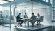 © annebel146 - Diverse millennial business team talking in meeting room, negotiating on project at table at glass wall panoramic window, discussing deal in open space, modern office interior. blurred background