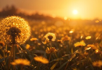 Wall Mural - Golden sunset and dandelion, meditative zen background