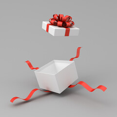 Wall Mural - White present box open or white gift box with red ribbons and bow isolated on dark gray background with shadow minimal conceptual 3D rendering