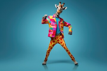 Wall Mural -  Giraffe wearing colorful clothes dancing on the blue background