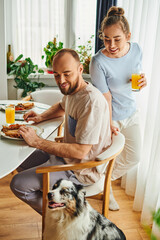 Wall Mural - Smiling woman holding orange juice near boyfriend and border collie dog during breakfast at home