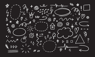 Wall Mural - Hand drawn set of simple decorative elements. Various icons such as hearts, stars, speech bubbles, arrows, lines isolated on black background.