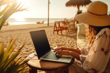 Woman working with laptop computer at the beach. Working while travelling. Generative AI