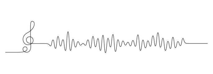 Wall Mural - Continuous one line drawing of sound wave with note clef. Music soundtrack and radio concept in simple linear style. Editable stroke. Doodle vector illustration