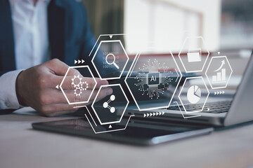 DevOps concept, software development, IT operations, agile programming, Concept with dev ops icon on computer screen and project manager, coder or sysadmin typing on keyboard, high software quality