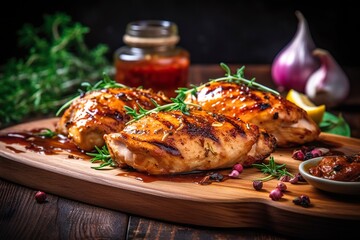 Closeup of tasty roast chicken breast served on wooden board. Grilled chicken.