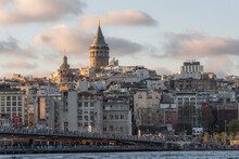Istanbul, Turkey - 23 April 2023: View Of The Galata Tower In Beyoglu District At Sunset Along The Golden Horn Strait, Istanbul Downtown, Turkey.