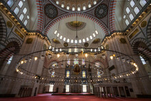 Istanbul, Turkey - 23 April 2023: View Of The Suleymaniye Mosque From The Inside, Istanbul, Turkey.