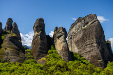 View Of Natural Rounded Pillars In Meteora, A Unique Rock Formation In Trikala, Thessaly, Greece.