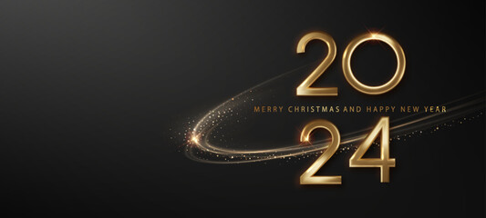 Wall Mural - 2024 new year with abstract shiny color gold wave design element.