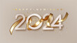 2024 Happy New Year with golden realistic 3d ribbon. Banner for christmas holiday
