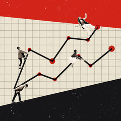 Contemporary art collage. Motivated employees climbing upwards arrows of graphs symbolizing promotion and success.