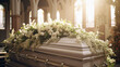 Funeral white wooden handmade coffin church cathedral service floral decoration white flowers bouquets. 