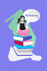 Canvas Print - Vertical collage picture of mini black white colors girl read big pile stack book learning dialogue mind bubble isolated on violet background