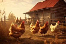Barn On Farm With Chickens. Ai Art