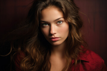 Wall Mural - Woman with long curly hair wearing a red top, dark red background