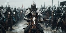 Medieval Armored Knights Battle Over Their Horses, Fighting With Honor, Movie Cine Still Image