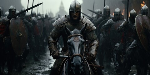 Medieval Armored Knights Battle over their horses, fighting with honor, movie cine still image