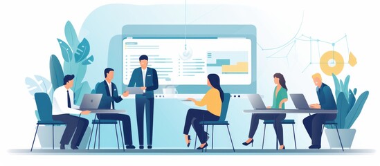 Wall Mural - business seminar meeting business people standing presentation ne wstrategy business plan for office teamwork colleagues business meeting in moderm office interior background, ai generate