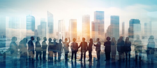 Wall Mural - business successful people double exposure with highrise modern city office building business people standing together success agreement and working together,ai generate