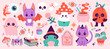 Happy Halloween stickers. Vector cute set of mascots pumpkin head, black cat, skeleton, ghost, eyes, bat, frog, spider