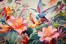 Blue And Red Hummingbird Illustration. A Hummingbird With A Long Beak Flies Among Tropical Flowers In Shades Of Pink, Orange, And Yellow. Green Leaves And Pale Peach Background.