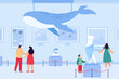 © PCH.Vector - Happy people visiting art gallery vector illustration. Couples and children enjoying paintings and sculptures, whale installation on ceiling. Art exhibition, culture, education concept