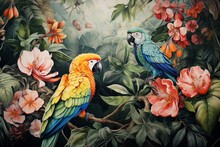 Two Parrots On A Branch With Tropical Flowers. The Left Parrot Is Orange And Yellow With Blue Wings, The Right Parrot Is Blue And Green With A White Head. The Background Is Green And Blurred.
