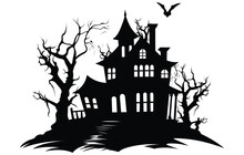 A Silhouette Vector Of Halloween Haunted House, Haunted House Silhouette Collection. Scary Halloween House Bundle Set,halloween At Night And Bats House Logo