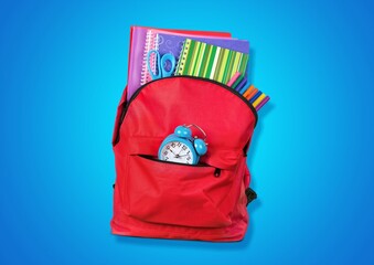 Poster - Opened School red backpack with colored  stationery