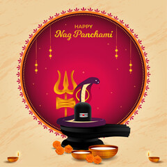happy nag panchami greeting card with king cobra snake, milk, shivling. hindu festival poster realis