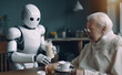 humanoid AI robot assists old senior woman in her household. serving drink and food, replacing human caregiver