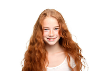 Wall Mural - Portrait smiling beauty girl with long hair on white background