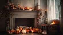 A Cozy Fireplace With Autumn Decorations Such As Pumpkins And Leaves On The Mantle