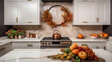 A Luxury Kitchen With Marble Countertop And Autumn Pumpkin Decor