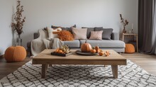 A Modern Fall-palette Living Room Interior With Autumn Pumpkin Decor