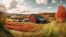 A Landscape Of A Rural Farm With A Large Red Barn Surrounded By Fall Colors